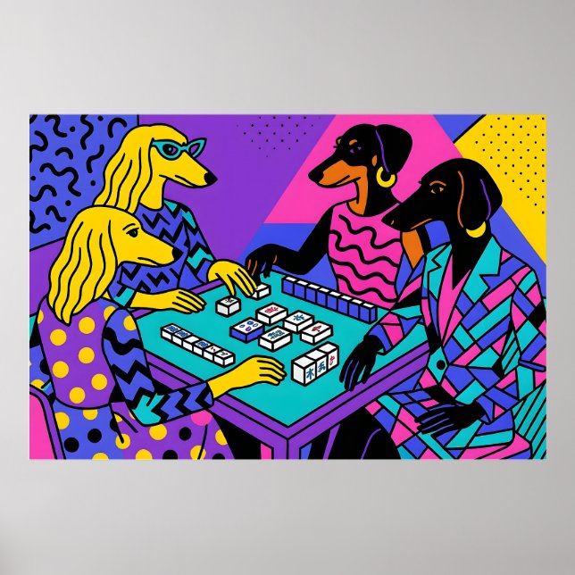 Retro-Hunde spielen Mahjong Poster (Vorne)
