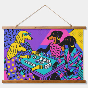 Retro-Hunde spielen Mahjong Wandteppich Mit Holzrahmen