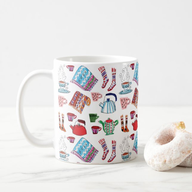 Retro Hyge Hand Drawn Tee Kettles Strümpfe Kaffeetasse (Mit Donut)