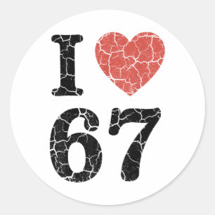 Retro I Love 67 Herz Nummer 67 Lustiges Meme Six S Runder Aufkleber