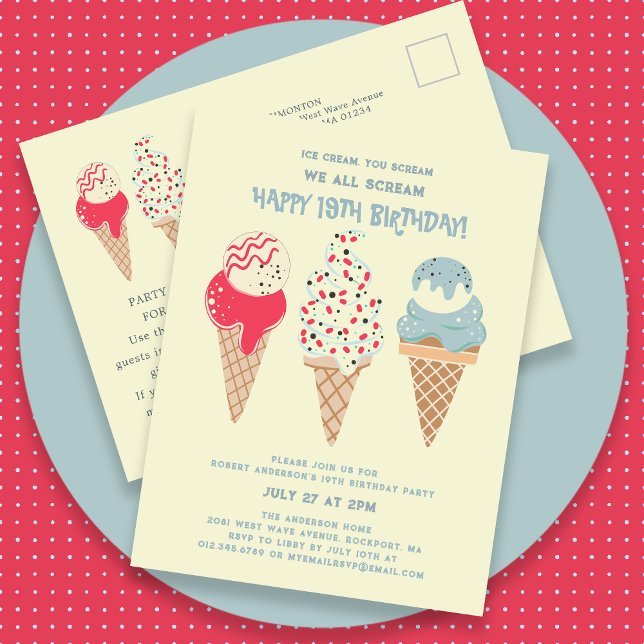 Retro Ice Cream Cone 19. Geburtstag Einladung Postkarte (Von Creator hochgeladen)