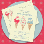 Retro Ice Cream Cone 40. Geburtstag Einladung Postkarte<br><div class="desc">Neu im Sommer 2024. Unsere "Ice Cream,  You Scream We All Scream Happy 40. Geburtstag!" Einladung Postkarte. Drei Retro-Aquarelleiskäse mit patriotischem Rot,  Weiß und Blau-Eis und Sprinklen stehen im Zentrum der Bühne über den Details Ihrer Geburtstagsparty.</div>