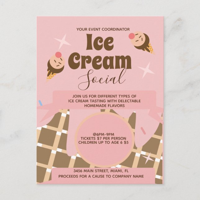Retro Ice Cream Cone Soziale Flyer Einladung Rosa Postkarte (Vorderseite)