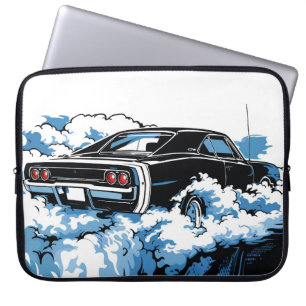 Retro-Illustration eines schwarzen Muscle Cars im Laptopschutzhülle