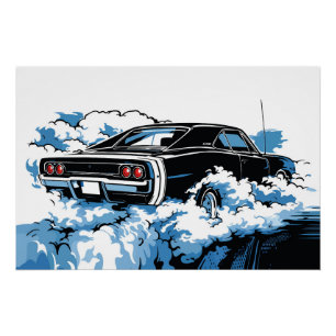 Retro-Illustration eines schwarzen Muscle Cars im Poster