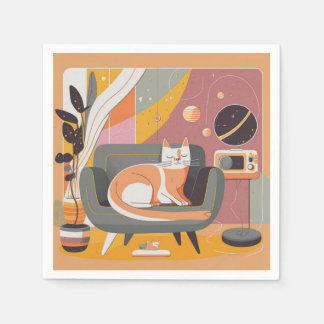 Retro Illustriert Cat Lounger Cocktail Napkins Serviette