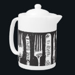 Retro Illustriert Cutlery Art<br><div class="desc">Stilvolles und einzigartiges Schwarz-Weiß-Design von Retro-illustrierten Besteck auf kleinem Teekessel.</div>