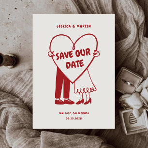 Retro illustriertes monochromes rotes Thema Hochze Save The Date