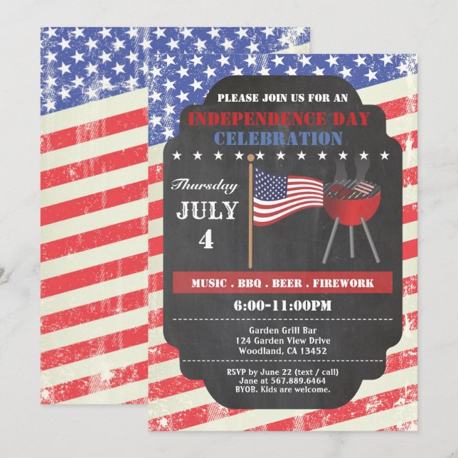 Retro Independence Day Chalkboard einladen. 4. Jul Einladung (Vorne/Hinten)