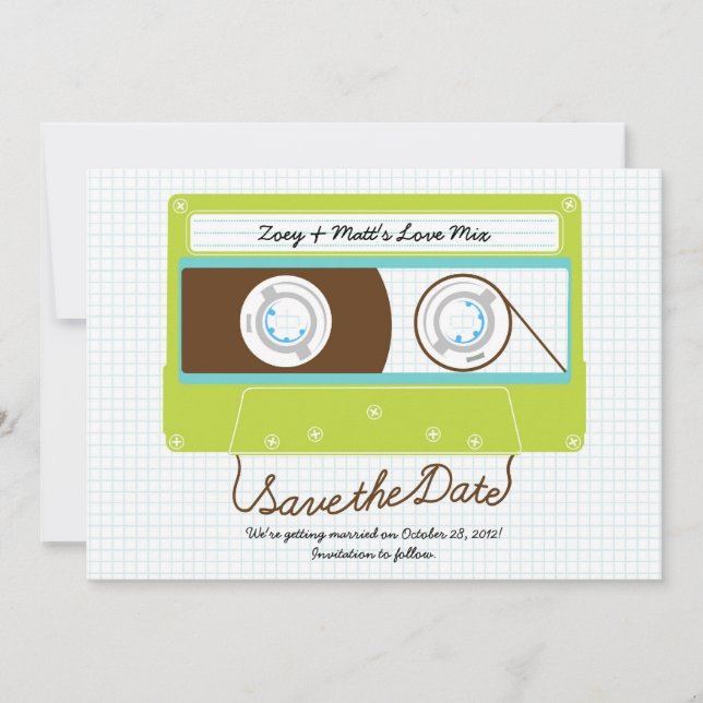 Retro Indie Mixtape Wedding Blue / Lime Green Save The Date (Vorderseite)