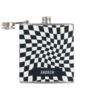 Retro Indigo White Checkered Personalisiert Flachmann