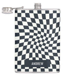 Retro Indigo White Checkered Personalisiert Flachmann