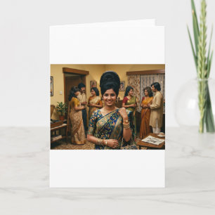 Retro-indische Mode und Bouffant-Frisur der 1970er Karte