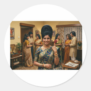 Retro indische Mode und Bouffant-Frisur der 1970er Runder Aufkleber