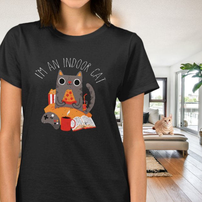 Retro Indoor Introvertierte Katze Pizza essen T-Shirt (Von Creator hochgeladen)