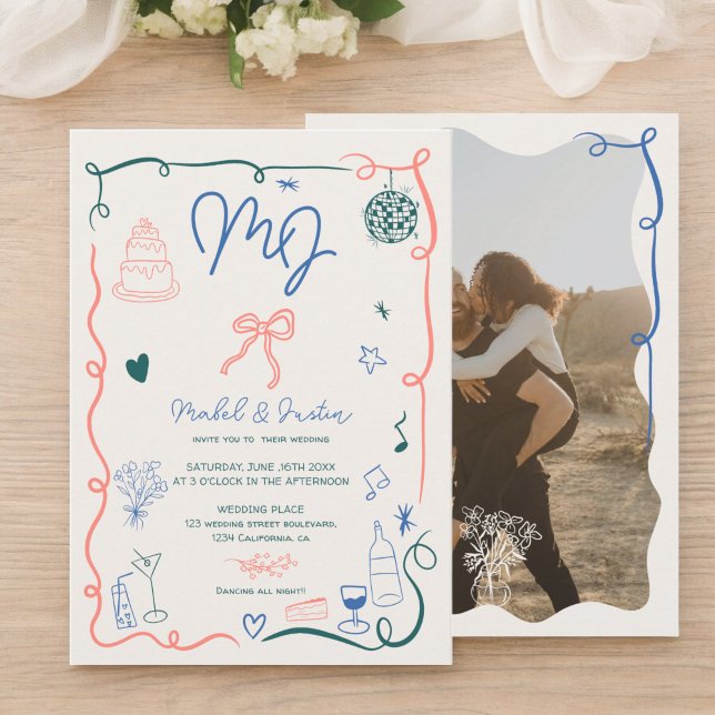 Retro-Initialen handgezeichnete illustrierte Foto  Einladung (Retro initials handdrawn illustrated photo wedding invitation)