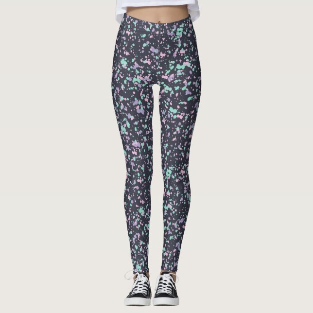 Retro Inky Black Specklette Pastel Spritzer Paint Leggings (Vorderseite)