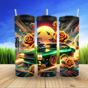 Retro Inspiriert Muskelwagen mit lebendiger Blumen Thermosbecher