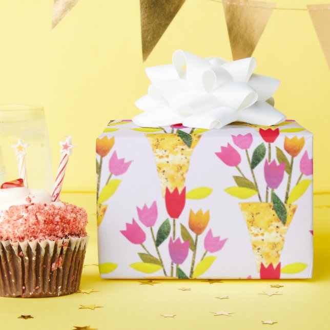Retro-Inspirierte Tulips HandIllustriertes Mittela Geschenkpapier (Geburtstagsparty)