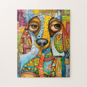 Retro-inspiriertes Pop-Art-Hundegesicht mit lebend Puzzle