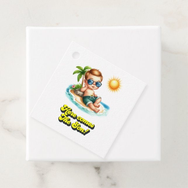 Retro Island Baby "Here Coming the Son" Babydusche Geschenkanhänger (Beispiel)