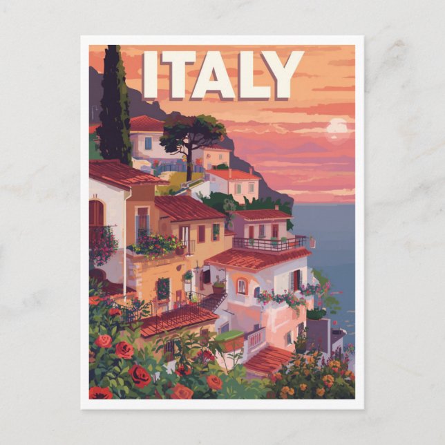 Retro Italienische Riviera Seaside Villa and Ocean Postkarte (Vorderseite)