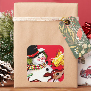 Retro-Jahrgang Weihnachten Hirsch Schneemann Holid Quadratischer Aufkleber