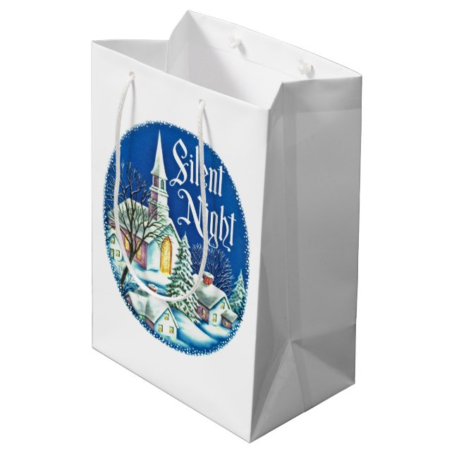 Retro-Jahrgang Weihnachtskirche Szene Mittlere Geschenktüte (Rückseite Schrägansicht)