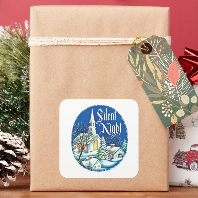 Retro-Jahrgang Weihnachtskirchenszene Quadratischer Aufkleber (Feiertag)