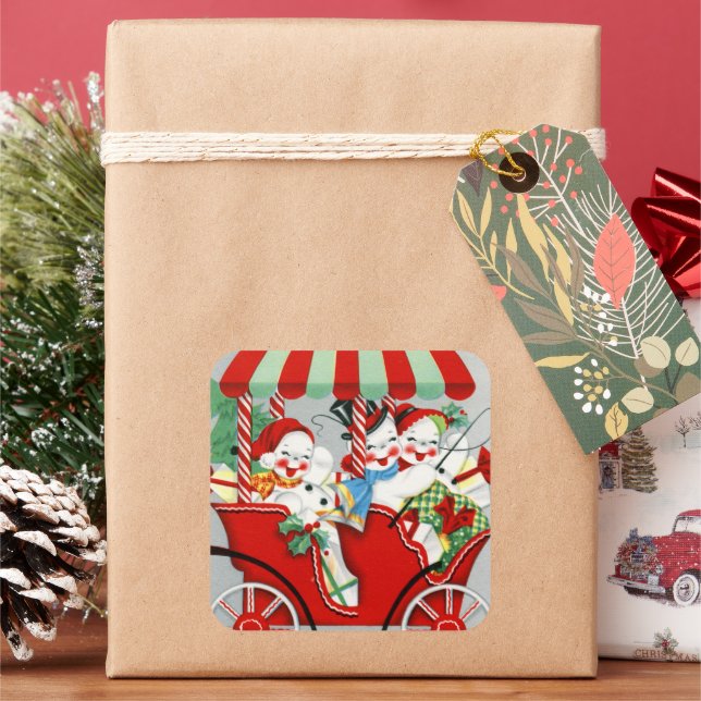Retro-Jahrgang Weihnachtsschneemann Holiday Quadratischer Aufkleber (Feiertag)