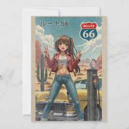 Retro Japanese Anime Girl on Route 66 Vintage Post Dankeskarte