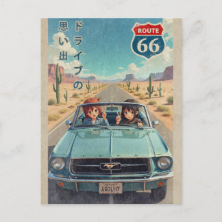 Retro Japanese Anime Girl on Route 66 Vintage Post Feiertagspostkarte