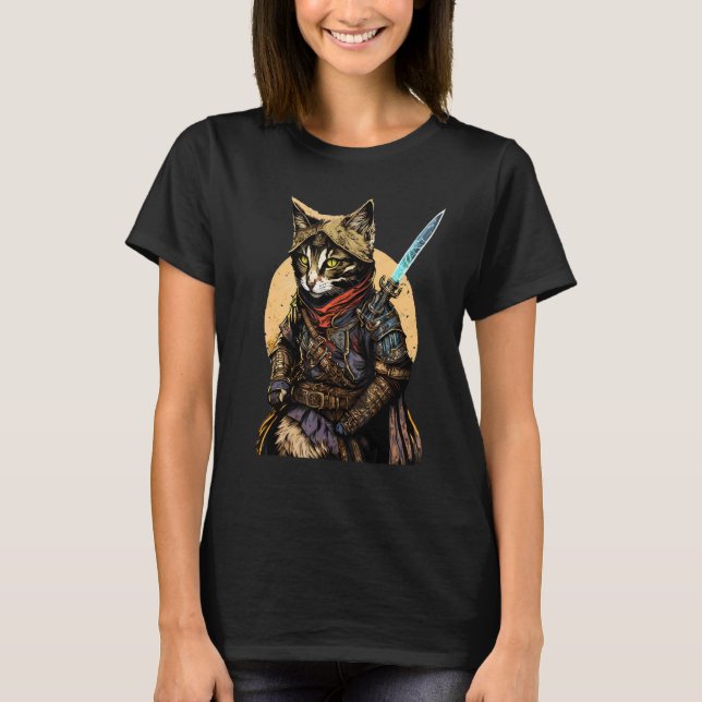 Retro Japanese Samurai Cat Bushido Warrior Sword V T-Shirt (Vorderseite)