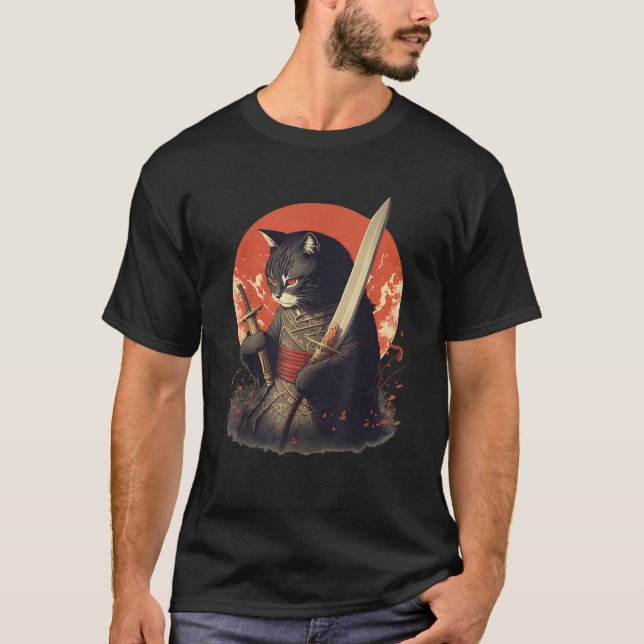 Retro Japanese Samurai Ninja Cat Kawaii Tattoo Gra T-Shirt (Vorderseite)