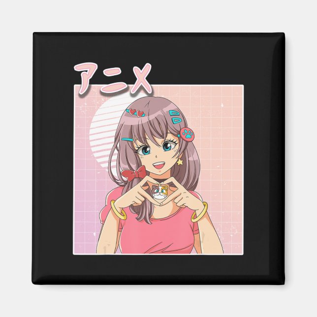 Retro Japanisch Anime Girl Vaporwave Ästhetik Rosa Magnet (Vorne)