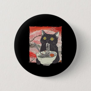 Retro Japanisch Cat Eating Ramen Funny Noodles Button