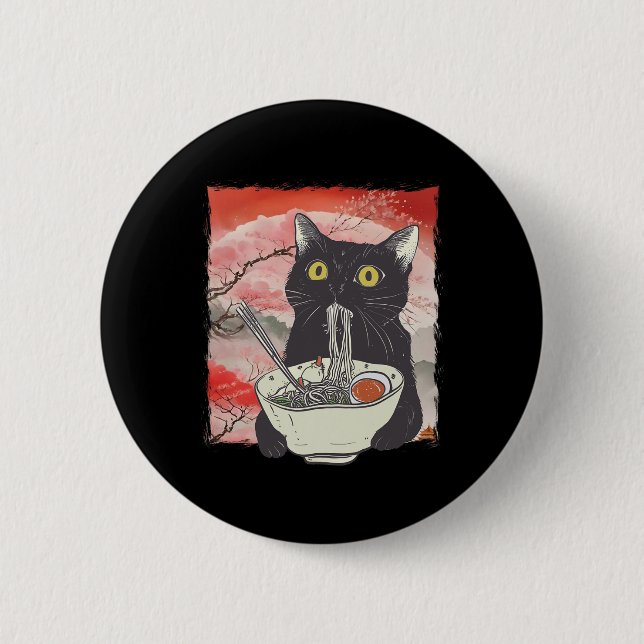 Retro Japanisch Cat Eating Ramen Funny Noodles Button (Vorderseite)