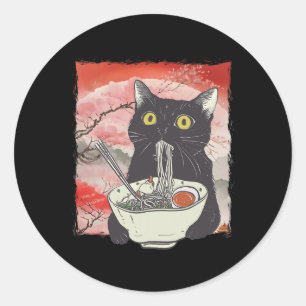 Retro Japanisch Cat Eating Ramen Funny Noodles Runder Aufkleber