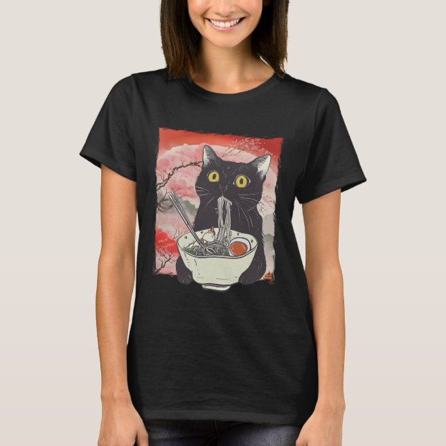 Retro Japanisch Cat Eating Ramen Funny Noodles T-Shirt (Vorderseite)
