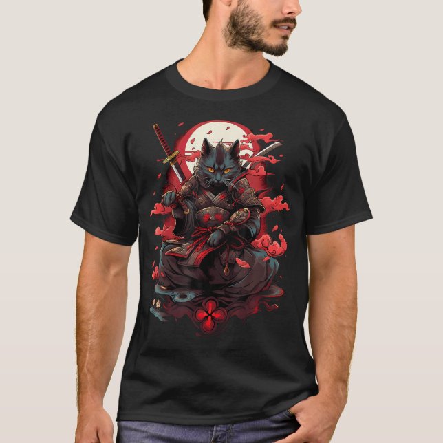 Retro Japanisch Katze Samurai Tattoo Grafik Ninja  T-Shirt (Vorderseite)