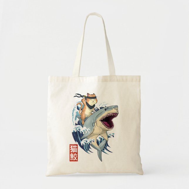 Retro Japanisch Samurai Kat Shark Vintag Kanagawa Tragetasche (Vorne)