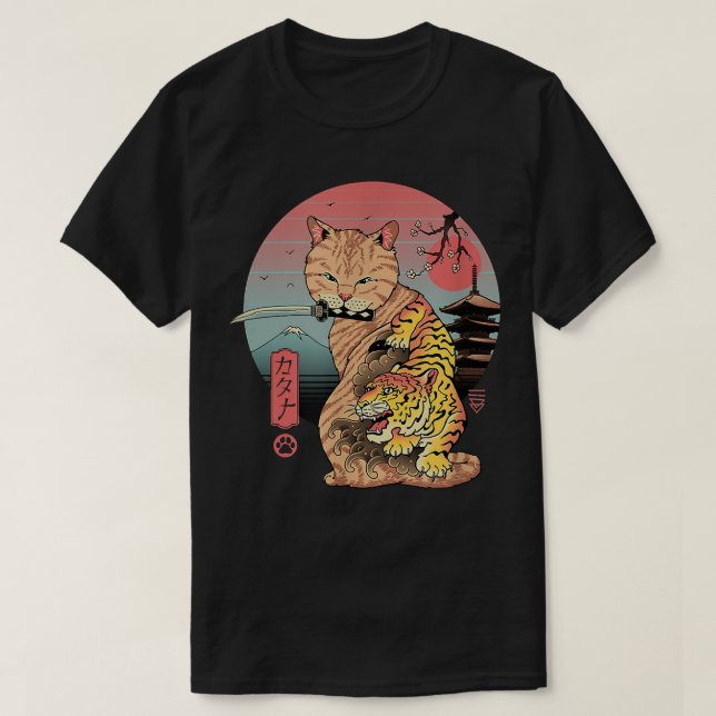 Retro Japanisch Samurai Ninja Cat Kawaii Tattoo Ca T-Shirt (Design vorne)