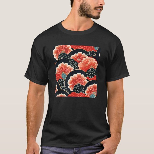 Retro japanische Blume Woodblock Abstrakt Floral P T-Shirt (Vorderseite)