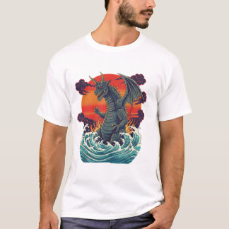 Retro-Japanisches Monster Große Welle Sonnenunterg T-Shirt