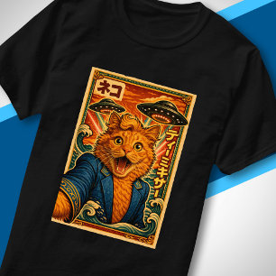 Retro-japanisches UFO-Alien-lustiges-süßes-Katzenp T-Shirt