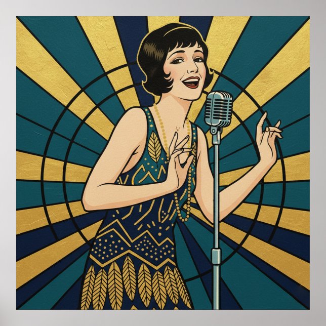Retro Jazz Singer Poster Blue and Gold Vintage (Vorne)