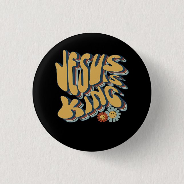 Retro Jesus ist König Christlich Groovy Retro Hipp Button (Vorderseite)