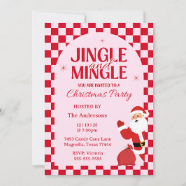 Retro Jingle And Mingle Christmas Checkerboard Red Einladung