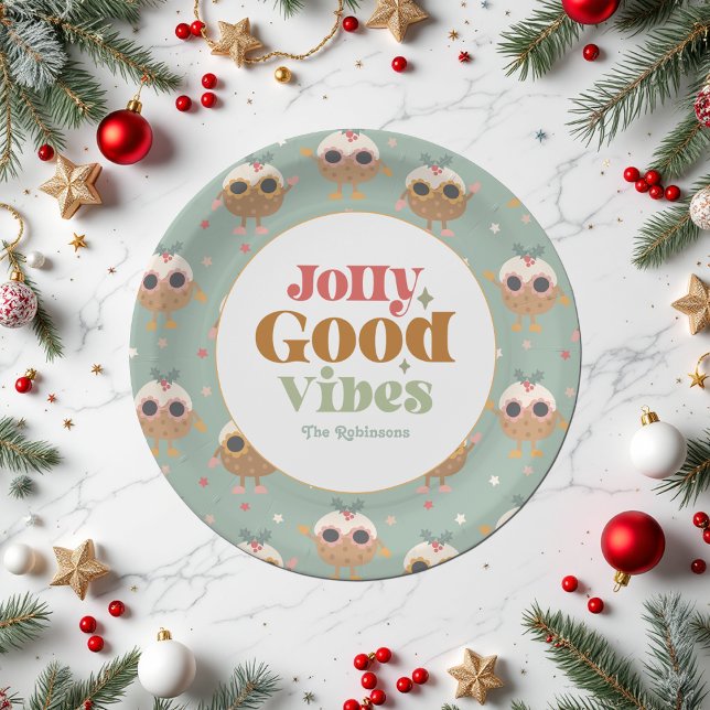 Retro "Jolly Good Vibes" Weihnachts-Party Pappteller (Retro "Jolly Good Vibes" Christmas Party Paper Plates)