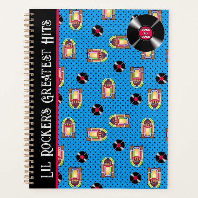 Retro Jukebox Vinyl Platten Music Blue Personalize Planer (Vorderseite)
